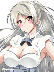 Rule 34 | 1girl, akichin (atelier baguri), breasts, brown eyes, cleavage, cleavage cutout, clothing cutout, conte di cavour (kancolle), conte di cavour nuovo (kancolle), dress, kantai collection, large breasts, long hair, silver hair, sleeveless, sleeveless dress, smile, solo, two side up, upper body, white dress
