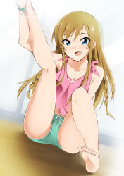 Rule 34 | 10s, 1girl, :d, barefoot, blonde hair, blue eyes, bracelet, braid, collarbone, dutch angle, feet, highres, idolmaster, idolmaster million live!, jewelry, kaiga, kneepits, knees up, kousaka umi, long hair, long legs, open mouth, short shorts, shorts, smile, soles, solo, stretching, tank top, toes, twin braids
