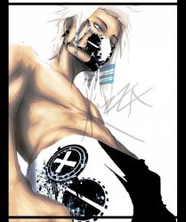 Rule 34 | 1boy, blue eyes, earrings, gas mask, jewelry, male focus, mask, multicolored hair, plug (piercing), topless male, solo, striped, tagme, two-tone hair, white hair