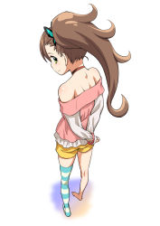 Rule 34 | 1girl, arms behind back, bare shoulders, barefoot, bracelet, brown hair, butterfly hair ornament, choker, chousoku henkei gyrozetter, from above, from behind, hair ornament, inaba rinne, jewelry, kouda tomohiro, legs, looking back, no shoes, ponytail, shorts, single thighhigh, solo, striped clothes, striped thighhighs, thighhighs, v arms, yellow eyes
