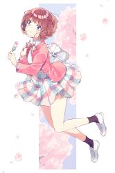 Rule 34 | 1girl, absurdres, aizaki utau, bag, black socks, blue eyes, blush stickers, brown hair, cherry blossoms, chewing, closed mouth, collared shirt, commentary, dango, food, full body, highres, holding, holding bag, holding food, jacket, loafers, long sleeves, multicolored clothes, multicolored skirt, neck ribbon, open clothes, open jacket, original, petals, pink jacket, plaid, plaid skirt, pleated skirt, ribbon, sanshoku dango, school bag, school uniform, shirt, shoes, short hair, skirt, socks, solo, symbol-only commentary, wagashi, white footwear, white shirt, wing collar