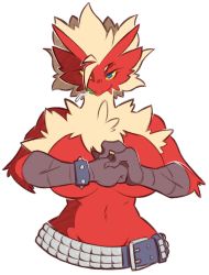 Rule 34 | 1girl, belt, blaziken, blonde hair, blue eyes, body fur, bracelet, breasts, candy, colored sclera, commission, cracking knuckles, creatures (company), dorianm bc, eating, female focus, food, furry, furry female, game freak, gen 3 pokemon, groin, hair over one eye, hands up, happy, jewelry, large breasts, lollipop, mouth hold, naked belt, navel, neck fur, nintendo, nude, one eye covered, open mouth, outline, own hands together, pokemon, pokemon (creature), red fur, short hair, simple background, smile, solo, spiked bracelet, spikes, standing, stomach, straight-on, toned, transparent background, two-tone fur, upper body, v-shaped eyebrows, white outline, yellow fur, yellow sclera