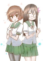 Rule 34 | 10s, 2girls, bespectacled, black legwear, brown eyes, brown hair, flower, glasses, green skirt, hair flower, hair ornament, own hands clasped, kantai collection, kisaragi (kancolle), long hair, looking at viewer, multiple girls, mutsuki (kancolle), nijitama shiyushiyu, open mouth, own hands together, pantyhose, pleated skirt, sailor collar, school uniform, short hair, skirt, sweat, translated, white background