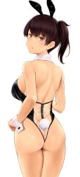 Rule 34 | 1girl, animal ears, ass, bare shoulders, black leotard, breasts, brown hair, commentary request, fake tail, from behind, hair ornament, highleg, highleg leotard, highres, kaga (kancolle), kantai collection, leotard, long hair, looking at viewer, looking back, medium breasts, meme attire, open mouth, playboy bunny, ponytail, rabbit ears, rabbit tail, see-through, shiny skin, side ponytail, simple background, solo, strapless, strapless leotard, tail, translucent bunnysuit, wa (genryusui), white background, wrist cuffs