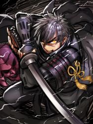 Rule 34 | 10s, 1boy, armor, black hair, commentary request, doudanuki masakuni, eyebrows, gauntlets, japanese armor, katana, looking at viewer, male focus, scar, scar on face, short hair, solo, sword, teeth, thick eyebrows, touken ranbu, weapon, yapo (croquis side), yellow eyes