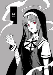 Rule 34 | 1girl, bags under eyes, bandages, bandaid, bandaid on cheek, bandaid on face, cigarette, dress, facial mark, fingernails, forehead mark, greyscale, habit, hatsune miku, highres, holding, holding cigarette, jiu ye sang, kamippoina (vocaloid), long hair, looking at viewer, monochrome, nail polish, red eyes, sharp fingernails, short sleeves, simple background, smoke, smoking, solo, spot color, tongue, tongue out, upper body, very long hair, vocaloid