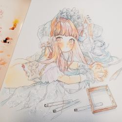 Rule 34 | 1girl, ass, back bow, blunt bangs, blush, bonnet, bow, brown eyes, closed mouth, dot mouth, flask, frilled bonnet, frills, hair ornament, highres, jar, light brown hair, lolita fashion, long hair, looking at viewer, lying, nanakami mana, on stomach, original, own hands together, painting (medium), pearl hair ornament, photo (medium), rabbit hair ornament, shirt, short sleeves, solo, test tube, test tube rack, traditional media, watercolor (medium), white shirt, wrist cuffs