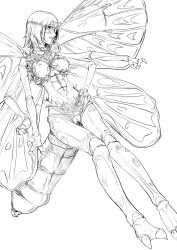 Rule 34 | 1girl, abs, antennae, breasts, butterfly girl, butterfly wings, extra arms, fewer digits, greyscale, hand on own hip, highres, insect wings, long hair, medium breasts, monochrome, monster girl, nakamura regura, nipples, original, simple background, solo, thigh gap, tongue, tongue out, very long hair, white background, wings