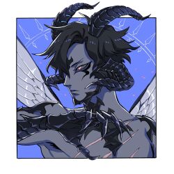 Rule 34 | 1boy, animal hands, arthropod boy, au ra, black hair, black horns, black scales, black sclera, blue background, bright pupils, claws, closed mouth, colored sclera, colored skin, commentary, english commentary, final fantasy, final fantasy xiv, grey skin, hand up, highres, horns, insect wings, looking to the side, male focus, monster boy, multiple horns, pink eyes, robodumpling, scales, scar, scar on chest, short hair, solo, upper body, warrior of light (ff14), white pupils, wings