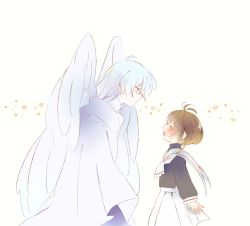 Rule 34 | 1boy, 1girl, :d, ^ ^, ahoge, angel wings, antenna hair, arms at sides, ascot, black shirt, blouse, blue eyes, blush, brown hair, cardcaptor sakura, child, closed eyes, expressionless, facing another, from side, futong jun, gradient hair, happy, height difference, jitome, kinomoto sakura, long hair, long sleeves, looking at another, multicolored hair, open mouth, parted lips, pleated skirt, profile, puffy sleeves, sailor collar, school uniform, serafuku, shirt, short hair, simple background, skirt, sleeve cuffs, smile, star (symbol), tomoeda elementary school uniform, turtleneck, white ascot, white background, white hair, white sailor collar, wings, yue (cardcaptor sakura), |d