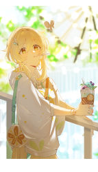 1girl blonde_hair blurry blurry_background bug butterfly genshin_impact highres insect lumine_(genshin_impact) parfait railing watch yaner_10 yellow_eyes