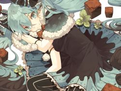 Rule 34 | 1girl, aqua eyes, aqua hair, bow, capelet, cats brain, chocolate, dress, frilled bow, frills, fur trim, hair bow, hair ribbon, hatsune miku, long hair, looking at viewer, lying, mint, on side, pantyhose, pom pom (clothes), ribbon, simple background, smile, snowflake print, solo, striped clothes, striped pantyhose, twintails, vertical-striped clothes, vertical-striped pantyhose, vocaloid, white background
