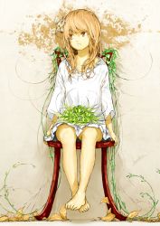 Rule 34 | 1girl, autumn leaves, bare legs, barefoot, blonde hair, brown hair, chair, flower, frilled shirt, frills, gradient background, hair flower, hair ornament, highres, leaf, looking away, loundraw, naked shirt, original, plant, shirt, signature, sitting, solo, white shirt
