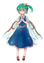 Rule 34 | 1girl, braid, daiyousei, fairy wings, full body, green eyes, green hair, mary janes, matching hair/eyes, murani, pointy ears, shoes, side braid, side ponytail, solo, steepled fingers, touhou, white background, wings