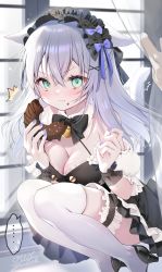 Rule 34 | ..., 1girl, breasts, bridal garter, crossed bangs, detached collar, dress, food, food on face, frilled dress, frilled hairband, frills, green eyes, grey hair, hair between eyes, hair ornament, hairband, high heels, highres, holding, holding food, medium breasts, original, puffy short sleeves, puffy sleeves, short sleeves, solo focus, spoken ellipsis, squatting, thighhighs, v-shaped eyebrows, x hair ornament, yoruhoshi owl