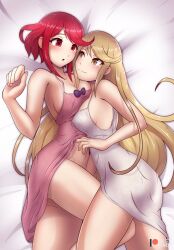 2girls apron ass assertive_female blonde_hair bow bowtie breast_press breasts large_breasts long_hair multiple_girls mythra_(xenoblade) nude on_bed patreon_logo patreon_username pink_apron purple_bow purple_bowtie pyra_(xenoblade) red_eyes red_hair rilex_lenov short_hair white_apron xenoblade_chronicles_(series) xenoblade_chronicles_2 yellow_eyes yuri