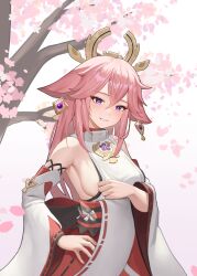 Rule 34 | 1girl, absurdres, animal ears, breasts, cherry blossoms, commentary request, detached sleeves, fox ears, genshin impact, grin, hair between eyes, highres, large breasts, long hair, long sleeves, looking at viewer, masca, nontraditional miko, petals, pink hair, purple eyes, red skirt, shirt, sideboob, skirt, sleeveless, sleeveless shirt, smile, solo, upper body, white shirt, yae miko