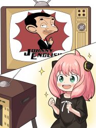 Rule 34 | 1boy, 1girl, :d, antennae, anya (spy x family), black dress, clenched hands, dress, green eyes, hairpods, highres, johnny english, mr bean (series), open mouth, pink hair, smile, sparkle, spy x family, television, viaigi, watching television