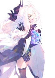 1girl black_gloves black_skirt black_thighhighs blue_archive blue_flower bouquet box coat coat_on_shoulders demon_girl demon_horns demon_wings flower gift gift_box gloves hair_ornament hairclip hina_(blue_archive) holding holding_bouquet holding_gift horns long_hair looking_at_another low_wings open_mouth ouri_(aya_pine) purple_eyes simple_background skirt smile solo standing thighhighs thighs white_background white_hair wings