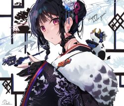 Rule 34 | 1girl, artist name, black choker, black eyes, black gloves, black kimono, black nails, chinese zodiac, choker, commentary, cow, cursive, ear piercing, earrings, english text, fingerless gloves, floral print, flower, from side, fur shawl, furisode, gloves, hair bun, hair flower, hair ornament, happy new year, hirai yuzuki, holding, holding smoking pipe, japanese clothes, jewelry, kimono, light frown, looking at viewer, new year, original, parted lips, piercing, print kimono, red eyes, rose, shawl, short hair, sidelocks, signature, smoke, smoking pipe, solo, stud earrings, white flower, white rose, year of the ox