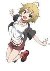 Rule 34 | 1girl, :d, absurdres, ahoge, bare legs, belt, birthday, black shirt, blonde hair, collarbone, commentary, eyebrows, full body, grin, hair between eyes, highres, ibuki tsubasa, idolmaster, idolmaster million live!, jewelry, jumping, looking at viewer, midriff, necklace, open clothes, open mouth, open shirt, outstretched arms, red eyes, red footwear, red shorts, shirt, shoes, short hair, short sleeves, shorts, simple background, skirt, smile, sneakers, solo, spread arms, white background, white shirt, yamamoto souichirou