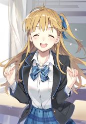 Rule 34 | 1girl, :d, black jacket, blazer, blonde hair, blue bow, blue bowtie, blue ribbon, blue skirt, blush, bow, bowtie, breasts, chitose-kun wa ramune bin no naka, classroom, closed eyes, collared shirt, dress shirt, earrings, facing viewer, floating hair, hair ribbon, hands up, hiiragi yuuko, indoors, jacket, jewelry, long hair, long sleeves, loose bowtie, medium breasts, novel illustration, official art, open clothes, open jacket, open mouth, plaid, plaid skirt, pleated skirt, ribbon, school uniform, shirt, shirt tucked in, side ponytail, skirt, smile, solo, standing, striped bow, striped bowtie, striped clothes, striped neckwear, stud earrings, teeth, textless version, upper teeth only, very long hair, weee (raemz), white shirt, wing collar