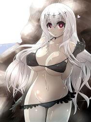 Rule 34 | 10s, 1girl, abyssal ship, aircraft carrier water oni, areola slip, bikini, bikini pull, black bikini, breasts, bright pupils, cleavage, clothes pull, commentary request, covered erect nipples, goma (gomasamune), hair ornament, heart, highres, kantai collection, large breasts, long hair, looking at viewer, navel, ocean, open mouth, red eyes, rock, shadow, sidelocks, smile, solo, swimsuit, wet, white hair, white pupils