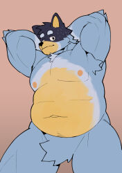 Rule 34 | 1boy, 9x8bit, absurdres, alternate body size, armpit hair, armpits, arms behind head, bandit heeler, bara, belly, biceps, black hair, blue fur, bluey, chest tuft, dog boy, facial hair, fat, fat man, fur censor, furry, furry male, highres, large pectorals, male focus, mature male, muscular, muscular male, navel, nude, pectorals, sanpaku, short hair, sparse navel hair, standing, stomach, stubble, thick eyebrows, thick thighs, thighs