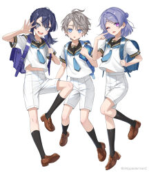 3boys :d :o ;d aged_down ahoge artist_name backpack bag black_sailor_collar black_socks blue_bag blue_eyes blue_hair blue_neckerchief blush book brown_footwear collarbone commentary_request eyeshadow finger_to_cheek genzuki_toujirou grey_eyes grey_hair hair_between_eyes hair_bun hair_intakes half_updo hands_up holding holding_book index_finger_raised kaida_haru leg_up loafers long_hair looking_at_viewer makeup male_focus medium_hair multiple_boys nagao_kei neckerchief nijisanji one_eye_closed open_mouth parted_bangs ponytail purple_bag purple_eyes purple_hair raised_eyebrows randoseru red_eyeshadow sailor_collar sailor_shirt school_uniform serafuku shippaiderman shirt shoes short_hair short_sleeves shorts sidelocks simple_background single_hair_bun smile socks swept_bangs teeth twitter_username upper_teeth_only v-shaped_eyebrows valz virtual_youtuber white_background white_shirt white_shorts