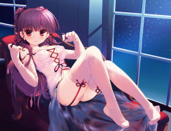 Rule 34 | 1girl, blush, braid, breasts, cleavage, cushion, dress, earrings, elbow gloves, feet, full body, garter straps, gloves, hair over shoulder, hair ribbon, holding, holding own hair, indoors, jewelry, long hair, looking at viewer, lying, night, night sky, no shoes, original, panties, parted lips, purple eyes, purple hair, red ribbon, ribbon, santa matsuri, side braid, single braid, sky, solo, star (sky), starry sky, strap slip, tassel, thighhighs, twintails, two side up, underwear, white dress, white gloves, white panties, white thighhighs, window