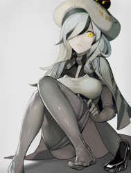 Rule 34 | 10s, 1girl, abyssal ship, between breasts, breasts, brown eyes, cape, clothes pull, elbow gloves, eyebrows, eyes visible through hair, feet, gloves, grey background, grey gloves, grey hair, grey pantyhose, grey skirt, hair over one eye, hat, highres, kantai collection, lips, long hair, looking at viewer, medium breasts, open mouth, pale skin, pantyhose, pantyhose pull, seaplane tender water princess, shadow, shoes, unworn shoes, simple background, skirt, solo, walzrj