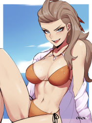Rule 34 | artist name, bikini, blue eyes, border, breasts, brown bikini, brown hair, cleavage, cloud, cloudy sky, creatures (company), earrings, fangs, game freak, hair behind ear, halterneck, highres, jewelry, knee up, large breasts, long hair, looking at viewer, narrow waist, navel, necklace, nintendo, open clothes, open mouth, open shirt, orouu, outside border, pokemon, pokemon sv, reclining, sada (pokemon), shirt, signature, single bare shoulder, sitting, sky, swimsuit, teeth, thgihs, thighs, tongue, tooth necklace, wet, white border, white shirt