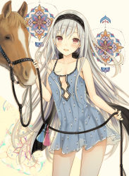 Rule 34 | 1girl, :d, bare shoulders, blush, collarbone, contrapposto, cowboy shot, dress, hairband, highres, holding, horse, long hair, looking at viewer, no bra, open mouth, original, reins, see-through silhouette, silver hair, sleeveless, sleeveless dress, smile, solo, standing, very long hair, yuuki rika