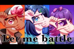 1boy 2girls baseball_cap blue_eyes blue_hair blush creatures_(company) dark-skinned_male dark_skin dot_(pokemon) game_freak grin hair_ornament hairclip hat highres jacket liko_(pokemon) multiple_girls muuuu_(fnkk5428) nintendo one_eye_closed pink_eyes pink_hair pokemon pokemon_(anime) pokemon_horizons purple_eyes purple_hair roy_(pokemon) short_hair smile twitter_username