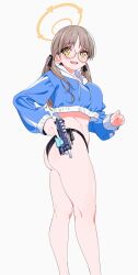 Rule 34 | 1girl, absurdres, ass, bikini, bikini bottom only, black bikini, black bikini bottom, black ribbon, blue archive, blue hoodie, blush, commentary, cropped hoodie, drawstring, feet out of frame, glasses, gun, hair ribbon, halo, handgun, highres, holding, holding gun, holding weapon, hood, hoodie, kneepits, legs, light brown hair, long hair, long sleeves, looking at viewer, moe (blue archive), moe (swimsuit) (blue archive), official alternate costume, open mouth, ribbon, round eyewear, saitama (antitankromeo), side-tie bikini bottom, simple background, smile, solo, sweatdrop, swimsuit, trigger discipline, twintails, twisted torso, weapon, white background, white hood, yellow eyes, yellow halo