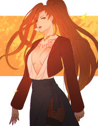 Rule 34 | 1girl, azeyma, breasts, casual, chest tattoo, choker, cowboy shot, cropped jacket, final fantasy, final fantasy xiv, highres, jacket, jewelry, koyorin, leg tattoo, lips, long hair, looking at viewer, medium breasts, no bra, open clothes, open jacket, orange eyes, plunging neckline, ponytail, red hair, ring, side slit, skirt, solo, square enix, standing, tattoo