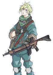 Rule 34 | 1boy, 87, absurdres, blonde hair, blue eyes, blue pants, blue shirt, cloud strife, crisis core final fantasy vii, earrings, final fantasy, final fantasy vii, gift, gloves, goggles, goggles around neck, green scarf, gun, hair between eyes, highres, holding, holding gift, jewelry, knee pads, male focus, pants, rifle, scarf, shinra infantry uniform, shirt, short hair, single earring, solo, spiked hair, square enix, suspenders, thigh strap, upper body, weapon, white background, aged down