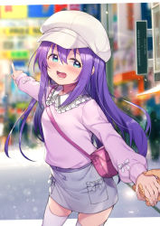 Rule 34 | 1girl, absurdres, blurry, commentary request, depth of field, grey skirt, highres, holding hands, idolmaster, idolmaster million live!, long hair, long sleeves, mochizuki anna, open mouth, purple hair, shennai misha, skirt, smile, solo focus, thighhighs, white headwear, white thighhighs, zettai ryouiki