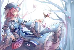 Rule 34 | 1girl, bare tree, blue bow, blue dress, blue hat, blue ribbon, bow, bug, butterfly, dress, floral print, folding fan, frilled dress, frilled sleeves, frills, gyaza, hand fan, hat, holding, insect, outdoors, outstretched arm, pink eyes, pink hair, reaching, reaching towards viewer, ribbon, saigyouji yuyuko, short hair, solo, standing, touhou, tree, triangular headpiece, wide sleeves