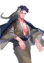 Rule 34 | 1boy, absurdres, affectionate, alternate design, bara, bare pectorals, black hair, blue eyes, feet out of frame, haori, highres, japanese clothes, kimono, kuro (kuroshima kurishiro), kuroshima kurishiro (muyi24108414), large pectorals, looking at viewer, male focus, mature male, muscular, muscular male, open clothes, open kimono, original, pectorals, samurai, sheath, sheathed, short hair, solo, thick eyebrows, undercut, unfinished