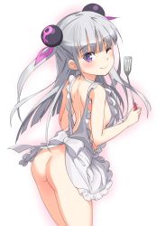 Rule 34 | 10s, 1girl, ;), apron, ass, blush, breasts, hair ornament, highres, long hair, looking at viewer, looking back, michairu, naked apron, naruse maria, nipples, one eye closed, purple eyes, shinmai maou no testament, sideboob, silver hair, small breasts, smile, solo, spatula