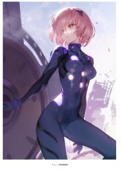 Rule 34 | 1girl, absurdres, bodysuit, breasts, fate/grand order, fate (series), hair over one eye, highres, holding, holding shield, impossible bodysuit, impossible clothes, light purple hair, looking away, lord camelot (fate), mash kyrielight, neon genesis evangelion, parted lips, pilot suit, plugsuit, purple eyes, rebuild of evangelion, scan, shield, short hair, siino, simple background, skin tight, solo