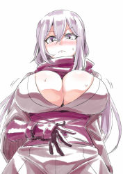 Rule 34 | 1girl, blush, breasts, cleavage, closed mouth, dragon yukano, gloves, hair between eyes, huge breasts, japanese clothes, kimono, kunoichi, long hair, looking at viewer, ninja, ninja slayer, open clothes, purple eyes, purple hair, scarf, simple background, solo, sweat, tukiwani, upper body, very long hair, white background, wide sleeves