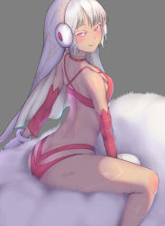 Rule 34 | 1girl, altera (fate), altera the santa (fate), ass, back, bikini, blush, body writing, breasts, butt crack, cleavage, colored eyelashes, dark-skinned female, dark skin, eyelashes, fate/grand order, fate (series), from side, grey background, looking at viewer, nikuku (kazedesune), red bikini, red eyes, silver hair, simple background, sitting, solo, spread legs, swimsuit, tattoo