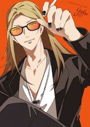 Rule 34 | 1boy, between fingers, black jacket, black nails, black pants, blonde hair, closed mouth, collarbone, commission, fate/grand order, fate (series), holding, jacket, jewelry, long hair, long sleeves, looking at viewer, male focus, mashugure, necklace, orange background, pants, skeb commission, smile, tezcatlipoca (fate), thank you, tinted eyewear