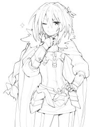 Rule 34 | 1boy, astolfo (fate), braid, cape, fate/apocrypha, fate (series), garter straps, gauntlets, ge-b, greyscale, hair ribbon, lineart, long hair, looking at viewer, male focus, monochrome, one eye closed, ribbon, single braid, smile, solo, thighhighs, trap