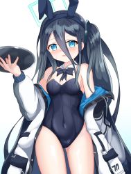 Rule 34 | 1girl, absurdly long hair, absurdres, animal ears, aris (blue archive), black bow, black bowtie, black leotard, blue archive, blue eyes, blue hair, bow, bowtie, breasts, commentary request, contrapposto, cowboy shot, dark blue hair, detached collar, hair between eyes, halo, highres, jacket, leotard, long hair, one side up, playboy bunny, rabbit ears, simple background, small breasts, solo, strapless, strapless leotard, very long hair, white background, white jacket, yoowaru