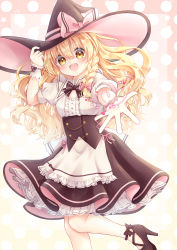 Rule 34 | 1girl, absurdres, apron, black dress, black footwear, black hat, black neckwear, blonde hair, bow, dress, gradient background, hand up, hat, highres, kirisame marisa, leg up, long hair, looking at viewer, mimi89819132, multicolored background, open mouth, pink bow, shoes, short sleeves, short twintails, smile, socks, solo, touhou, twintails, white sleeves, white socks, witch hat, yellow eyes