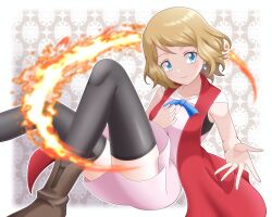 Rule 34 | 1girl, absurdres, black thighhighs, blonde hair, blue eyes, blue ribbon, boots, brown footwear, closed mouth, coat, commentary request, creatures (company), dress, earrings, eyelashes, fire, game freak, hand up, highres, jewelry, looking down, neck ribbon, nintendo, open clothes, open coat, pink dress, pokemon, pokemon (anime), pokemon xy (anime), red coat, ribbon, serena (pokemon), sleeveless, sleeveless coat, smile, solo, spread fingers, thighhighs, zeki231
