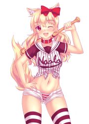 Rule 34 | 1girl, ;d, animal ear fluff, animal ears, baseball bat, baseball uniform, blonde hair, blush, bow, cat ears, cat girl, cat tail, collar, female focus, front-tie top, hair bow, hand on own hip, highres, long hair, looking at viewer, midriff, naala, navel, nottytiffy, one eye closed, open fly, open mouth, original, panties, red bow, red eyes, short shorts, shorts, skindentation, smile, solo, sportswear, striped clothes, striped panties, striped thighhighs, tail, thighhighs, twintails, underwear, unzipped, wink